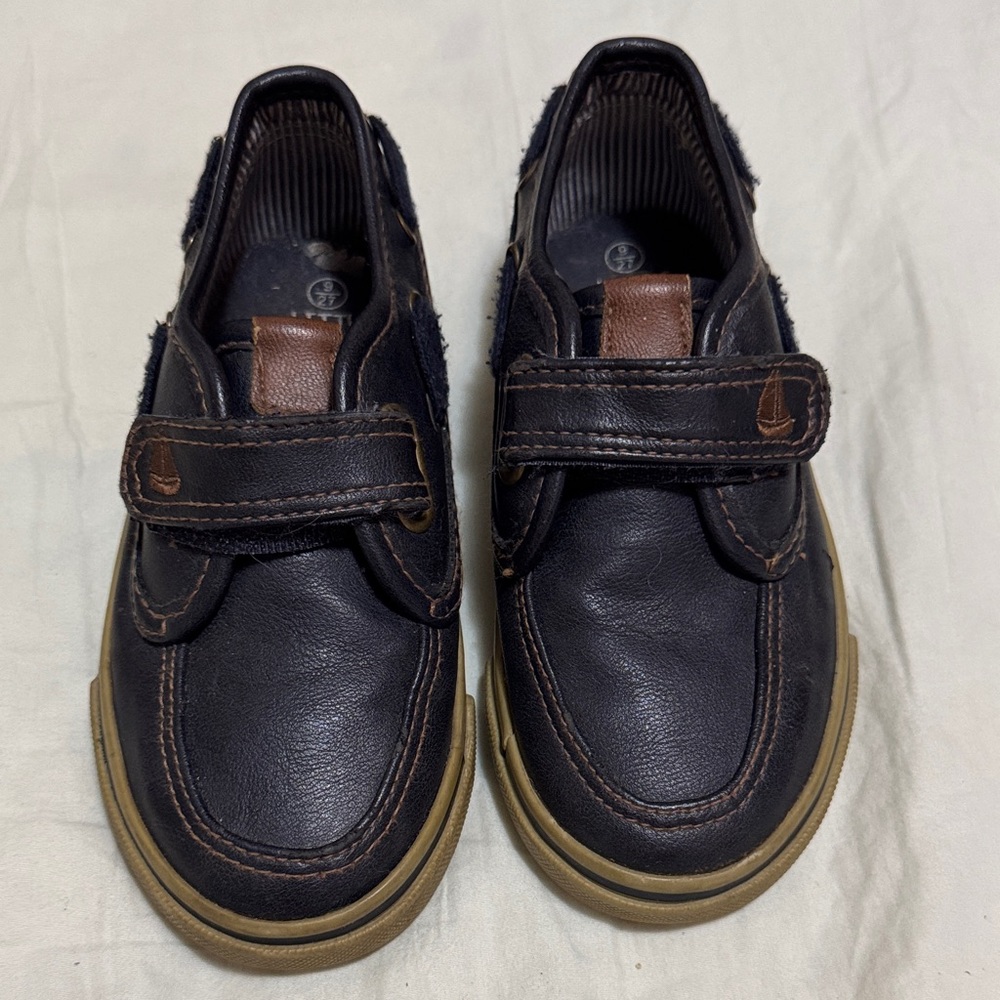 Bluezoo Navy Blue and Brown Toddler Faux Leather Boat Shoes Size US 9 EU 27